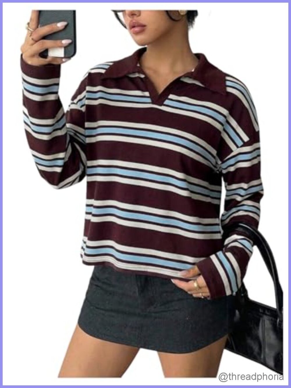 Women's Striped Long Sleeve Rugby Pullover Oversized Blouse